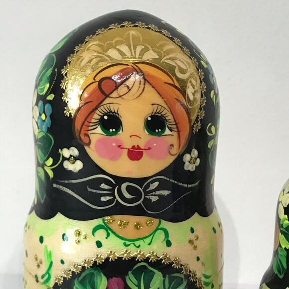 Signed Set of 5 Vintage Nesting Doll Matryoshka Russian Hand Painted Gold Gilt - Picture 4 of 16